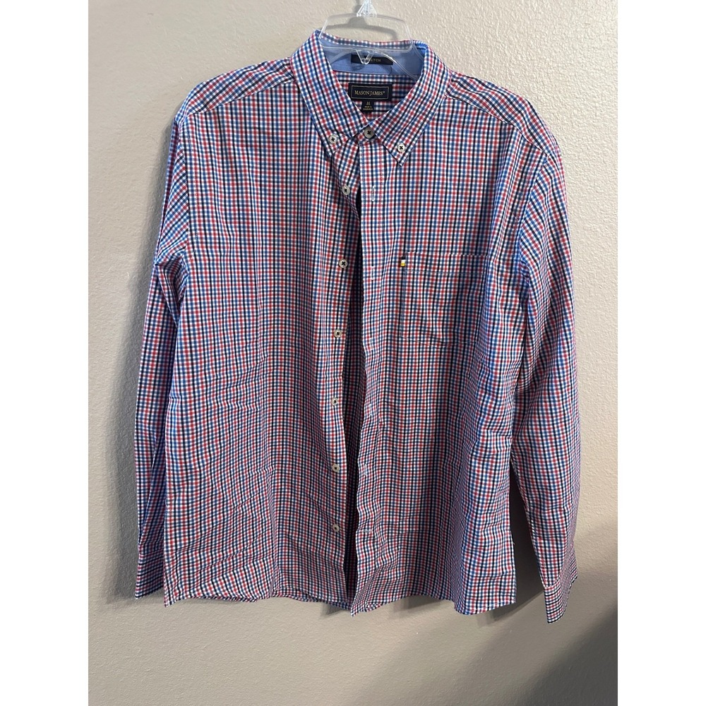 Mason James Mens Medium Gingham Stretch Button Down Shirt Red White Blue Plaid
